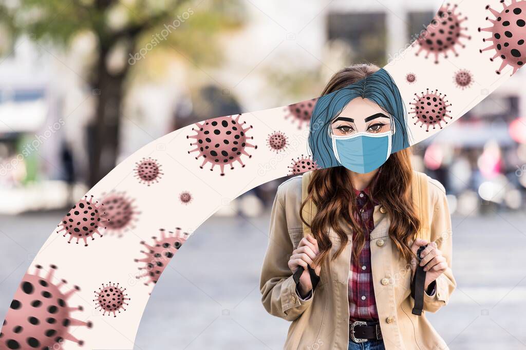 girl with illustrated face in mask and backpack in city with bacteria illustration