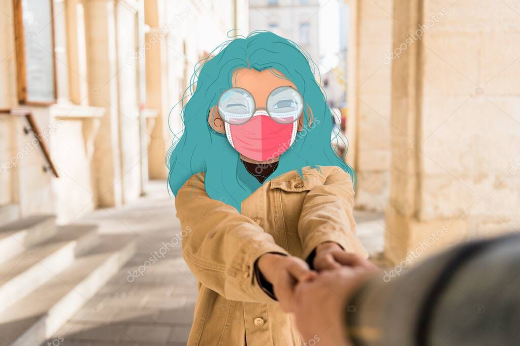 selective focus of girl with illustrated face and blue hair in medical mask holding hand of man in city