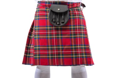 cropped view of Scottish man in red kilt with leather belt bag isolated on white clipart