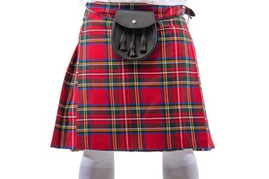 cropped view of Scottish man in red kilt with leather belt bag isolated on white clipart