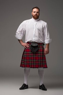 Scottish redhead man in red kilt with hand on hip on grey background clipart