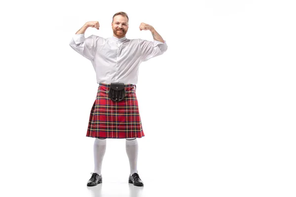 Smiling Scottish Redhead Man Red Kilt Showing Muscles White Background — Stock Photo, Image