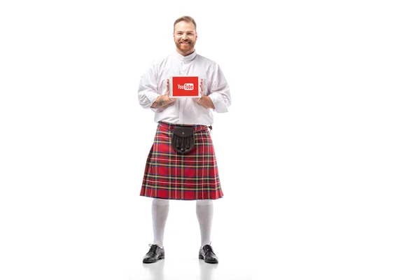 Kyiv Ukraine November 2019 Smiling Scottish Redhead Man Red Kilt — Stock Photo, Image