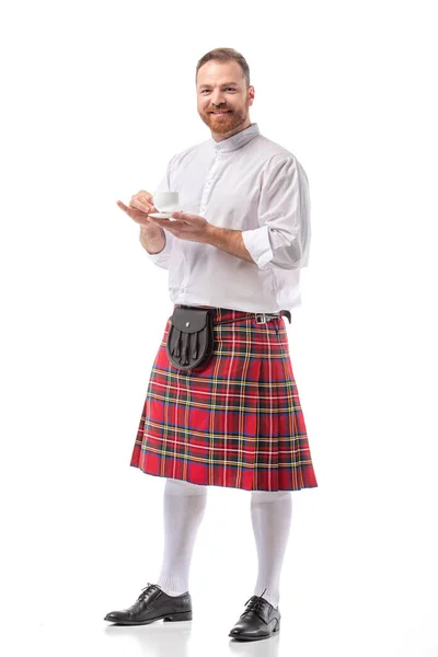 Smiling Scottish Redhead Man Red Kilt Drinking Coffee White Background — Stock Photo, Image