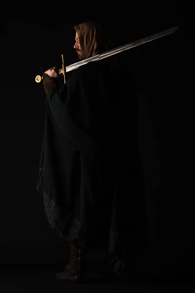 Side View Medieval Scottish Man Mantel Sword Dark Isolated Black — Stock Photo, Image