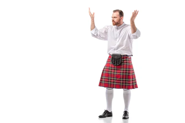 Scozzese Rossa Barbuto Uomo Rosso Tartan Kilt Mostrando Gesto Scrollata — Foto Stock