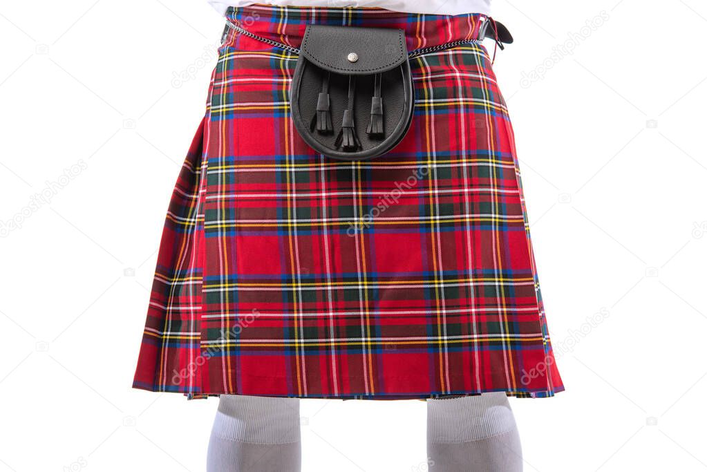 cropped view of Scottish man in red kilt with leather belt bag isolated on white