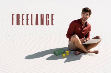 smiling young freelancer sitting on sandy beach with laptop, freelance illustration  clipart