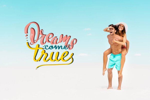 smiling young man piggybacking girlfriend on sandy beach, dreams come true illustration