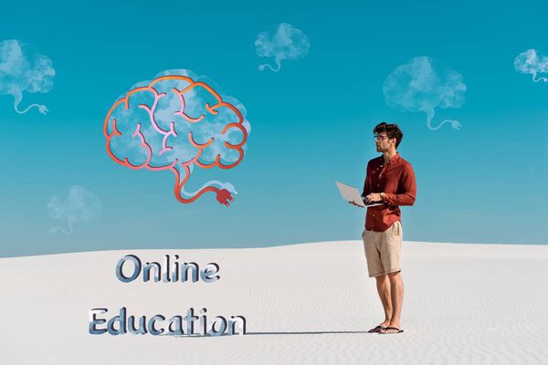 young man on sandy beach with laptop against clear blue sky, online education illustration