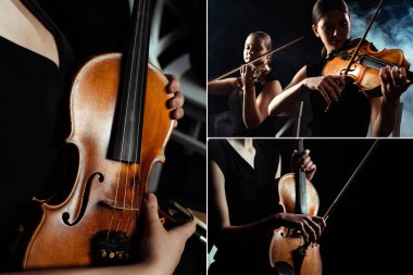 collage with professional musicians playing on violins on dark stage with smoke clipart