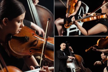 collage with trio of professional musicians playing on violins and contrabass on dark stage clipart