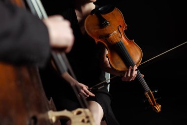 partial view of professional musicians playing on violin and double bass on dark stage, selective focus clipart