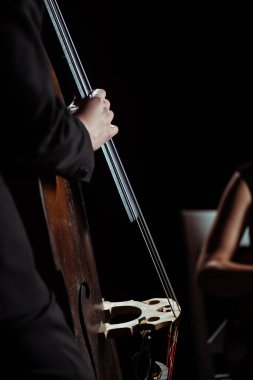 cropped view of professional musicians playing on violin and contrabass on dark stage clipart