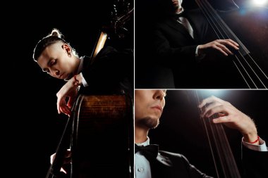 collage with musician playing on double bass on dark stage with backlit clipart