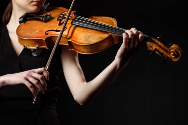 partial view of female musician playing symphony on violin isolated on black clipart