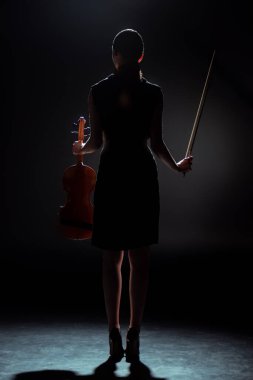silhouette of female musician holding violin on dark stage clipart
