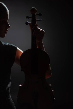 silhouette of female musician holding violin on dark stage clipart