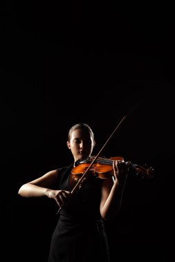 Siyahta izole edilmiş müzik enstrümanında senfoni çalan güzel profesyonel müzisyen.