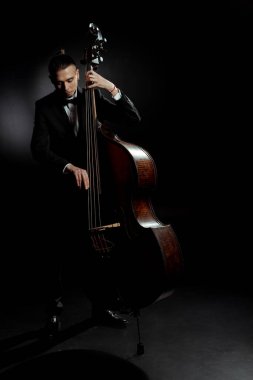 professional male musician playing on contrabass on dark stage clipart