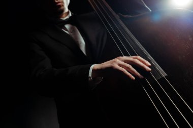 cropped view of musician playing on double bass on dark stage clipart