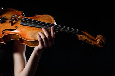 cropped view of female musician playing on violin isolated on black clipart