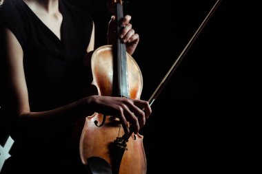 partial view of female musician playing on violin isolated on black clipart