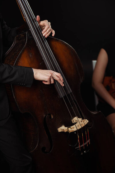 partial view of professional musicians playing on violin and contrabass on dark stage