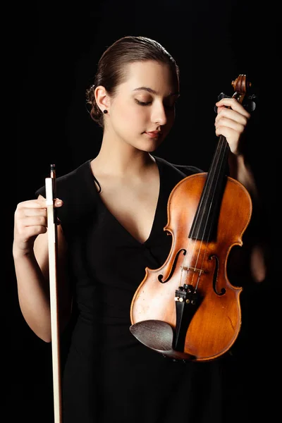 Beautiful Professional Musician Holding Violin Isolated Black — Stock Photo, Image