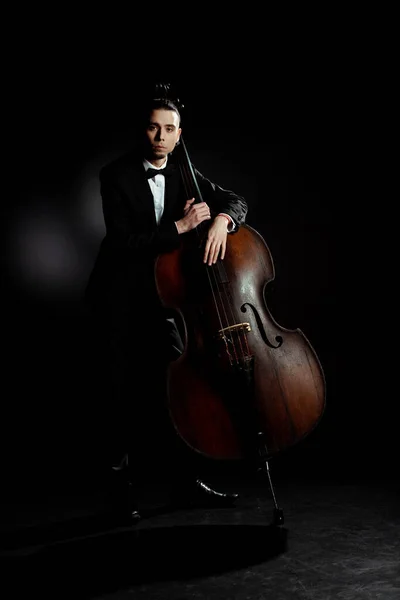Professional Musician Playing Double Bass Dark Stage — Stock Photo, Image