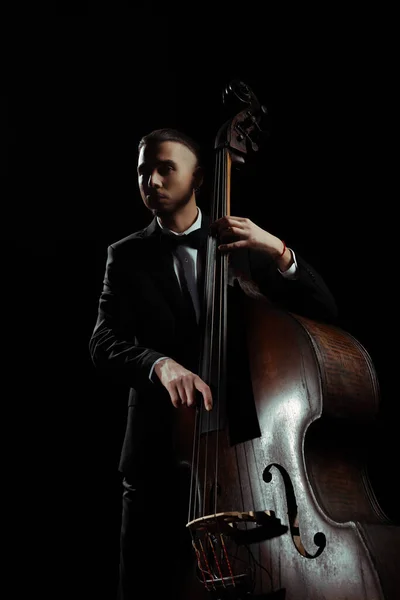 Professional Musician Playing Contrabass Isolated Black — Stock Photo, Image