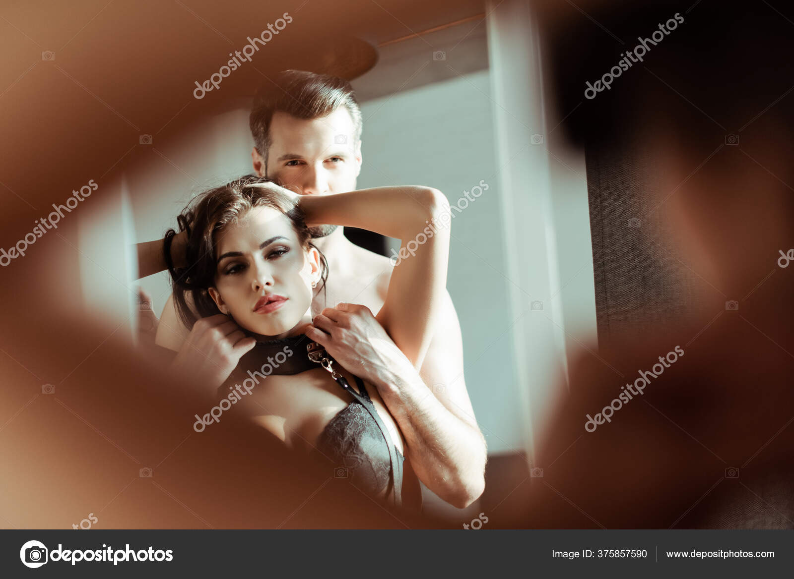 Selective Focus Sexy Young Woman Collar Boyfriend Mirror Stock Photo by ©HayDmitriy 375857590