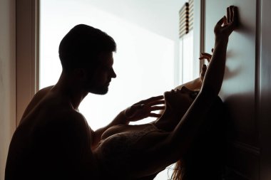 Erkeğin siluetleri kapının yanında seksi ve tutkulu bir kadına dokunuyor.