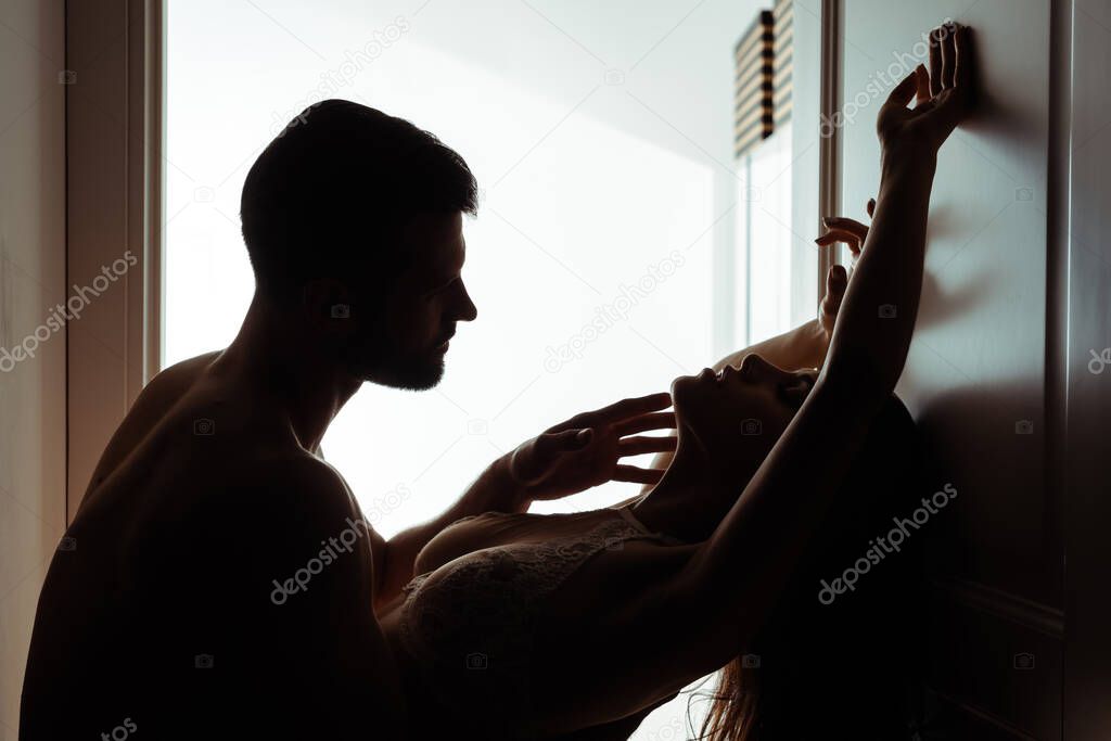 silhouettes of man touching sexy young passionate woman near door