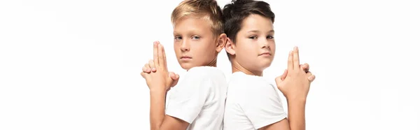 Panoramic shot of two brothers showing gun gestures and looking at camera isolated on white — Stock Photo