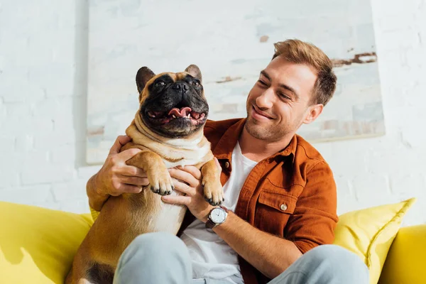 Uomo felice che tiene divertente bulldog francese sul divano in soggiorno — Foto stock