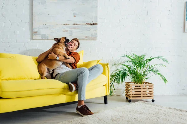 Щасливий чоловік грає з французьким бульдогом на дивані у вітальні — стокове фото