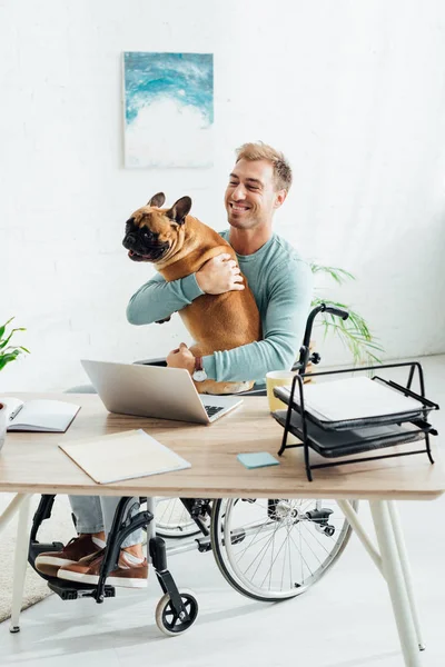 Hombre sonriente en silla de ruedas sosteniendo bulldog francés en casa - foto de stock