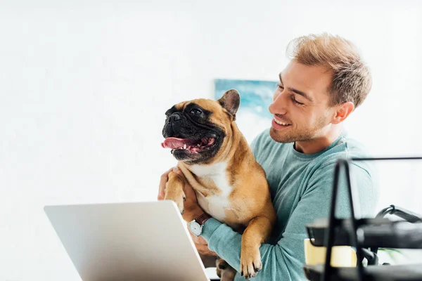Smiling man holding french bulldog while working on laptop — Stock Photo