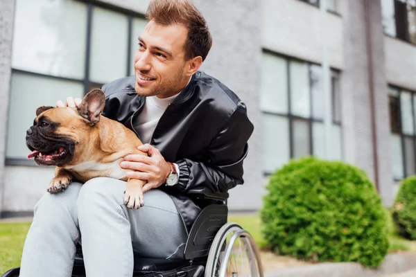 Lächelnder behinderter Mann streichelt französische Bulldogge auf städtischer Straße — Stockfoto