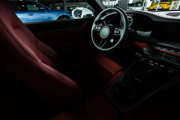 KYIV, UKRAINE - OCTOBER 7, 2019: car seat near steering wheel in porshe — Stock Photo