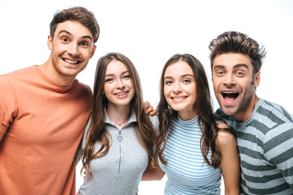 Amigos felizes gritando e abraçando juntos isolados no branco — Fotografia de Stock