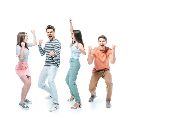 Amigos emocionados gritando y celebrando aislados en blanco - foto de stock