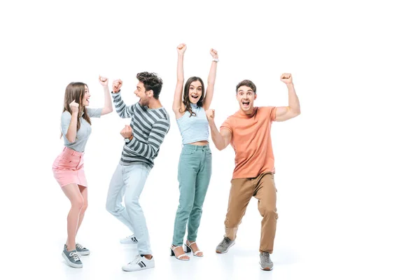Excited friends screaming and celebrating isolated on white — Stock Photo