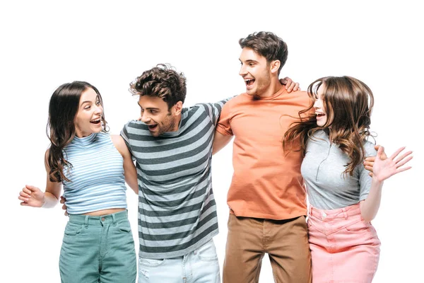 Felices amigos emocionados celebrando el triunfo, aislados en blanco - foto de stock