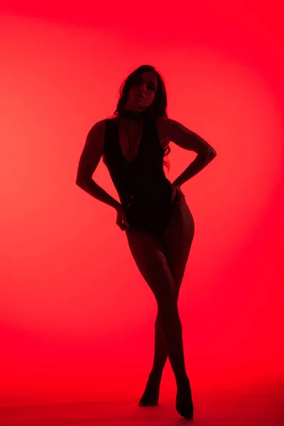 Silhouette of beautiful sexy girl, isolated on red — Stock Photo