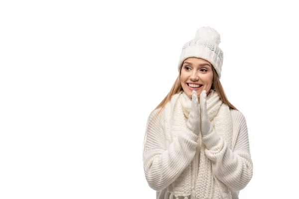 Bela menina animado palmas mãos em roupas de malha branca, isolado em branco — Fotografia de Stock