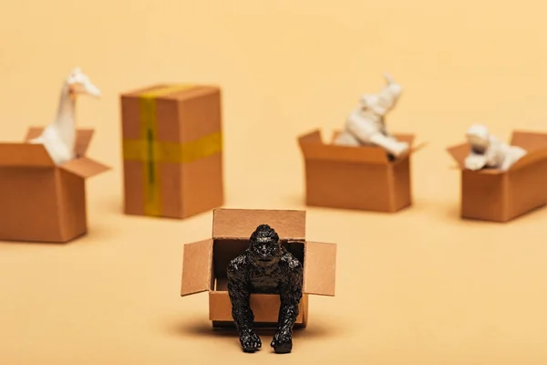 Focus selettivo di giocattoli animali in scatole di cartone su sfondo giallo, concetto di benessere degli animali — Foto stock