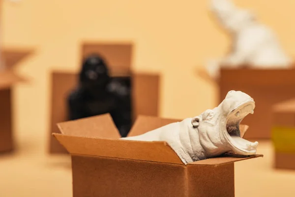 Concentration sélective de l'hippopotame et des animaux jouets dans des boîtes en carton sur fond jaune, concept de bien-être animal — Photo de stock