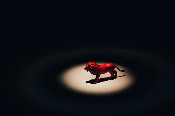 Lion jouet rouge sous les projecteurs sur fond noir — Photo de stock